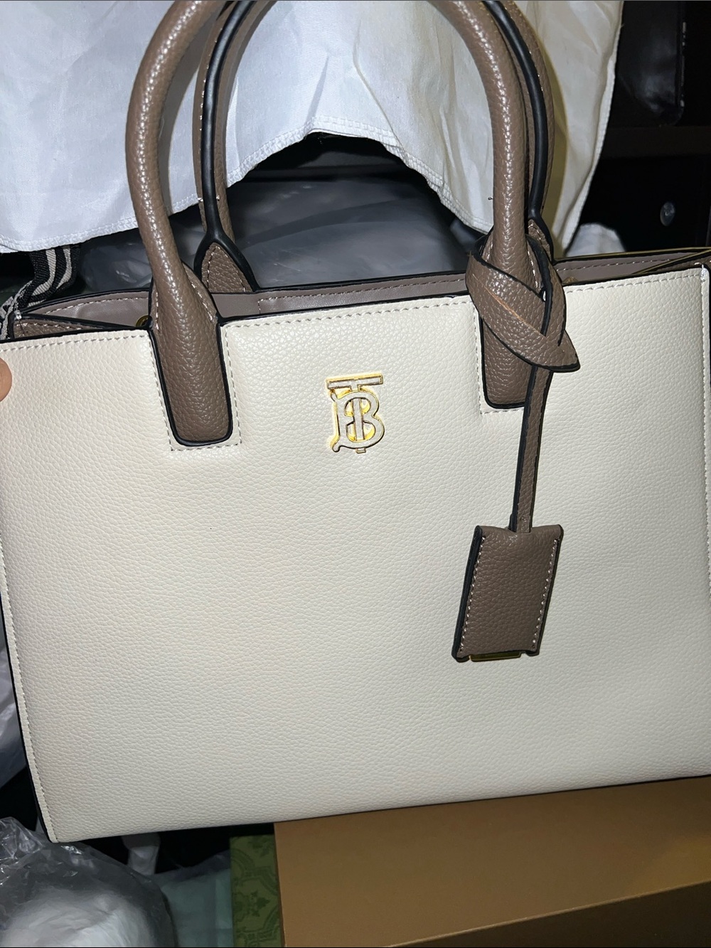 Cream and Taupe Structured Satchel with Gold Monogram Accent